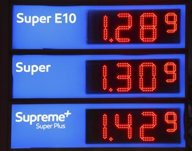 Illuminated Blue Electronic Price Board at a Petrol Station