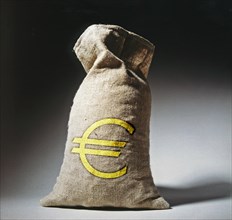 Filled moneybag made of jute with euro sign