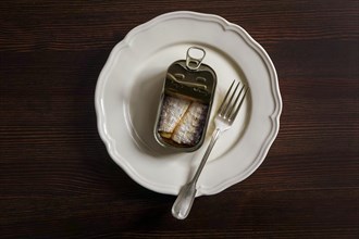 Sardines in a tin on a white plate with fork