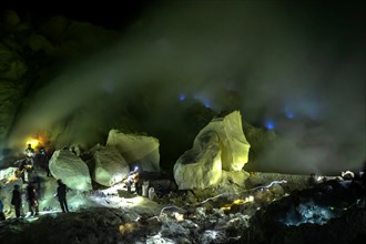 Workers in toxic sulfur mining in sulfur mine at night