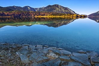 Autumn landscape reflection in Walchensee lake