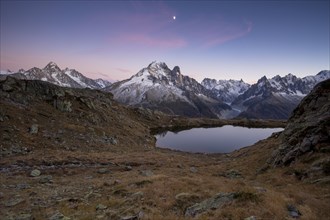 Lac des Chesery with Mont Blanc massif after sunset