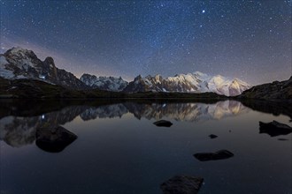 Starry sky with Milky Way and Mont Blanc massif reflected in the Lac des Chesery