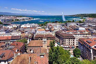 View of the city of Geneva with Lake Geneva and the Jet d'Eau