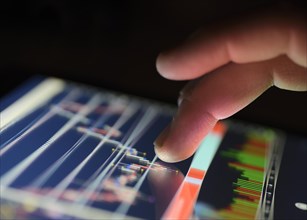 Close up of a traders finger using the touchscreen of a tablet computer displaying a financial market graph