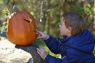 Boy sitting in front of a Halloween pumpkin