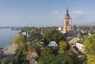 Townscape with Rhine promenade and Parish Church of St Peter and Paul