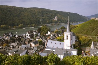 View of Assmannshausen with parish church of the Holy Cross and the Rhine Valley