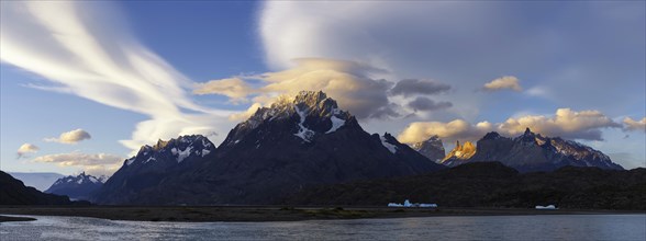 Cuernos del Paine and Lago Grey in evening light