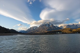 Cuernos del Paine and Lago Grey in evening light