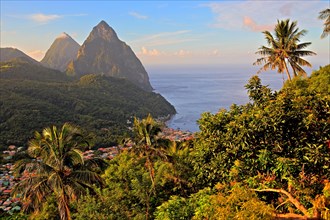 Tropical landscape with view of the village and the two Pitons