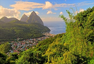 Tropical landscape with view of the village and the two Pitons