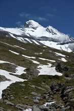 View from the high valley Valllon de Susanfe to the snowy peaks of the Haute Cime Dents du Midi