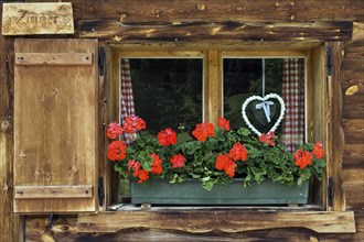 Geraniums and braided heart on the window of a farmhouse