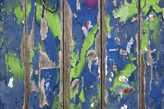 Flaked colorful paint on wooden boards