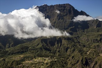 View from the Le Maido lookout in the Cirque de Mafate with Piton des Neiges vulcano