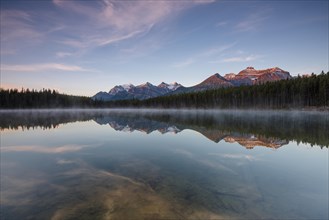 The Bow Range reflected in Herbert Lake at dawn