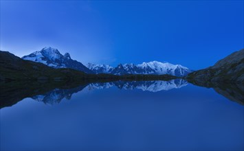 Mont Blanc reflected in Lake Cheserys at dawn