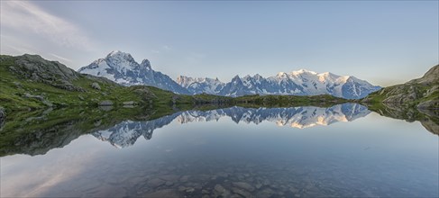 Mont Blanc reflected in Lake Cheserys in the morning