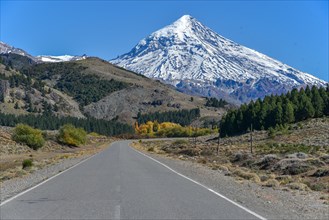 Road with snow covered volcano Lanin