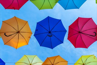 Colourful umbrellas side by side against blue sky