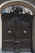 Decorative gate with two gold lion heads as door knockers