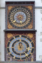 Two tower clocks on old town hall tower
