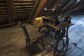 Old sackmaker sewing machine in the attic of a mill