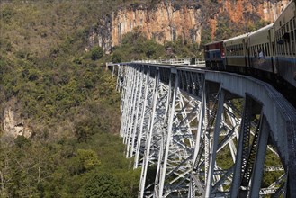 A train is crossing the famous Gokteik Viaduct