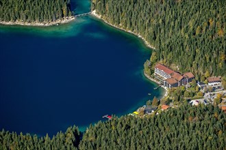 View of Eibsee Lake and Eibsee-Hotel from Zugspitze