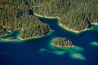 View of Eibsee Lake and Eibsee-Hotel from Zugspitze