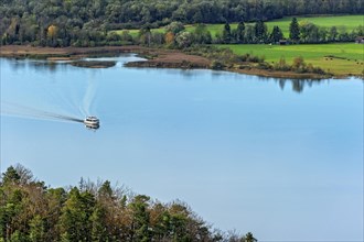 Overlooking Lake Kochel with passenger ship Herzogstand