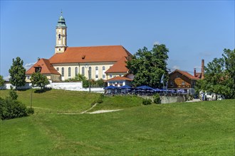 Annunciation church with beer garden and brewery of Reutberg abbey