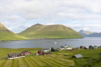 Village with meadows along the fjord