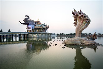 Seven-headed Naga serpent in front of the Elephant Temple Thep Wittayakhom Vihara