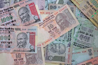 Indian rupee bills with portrait of Gandhi