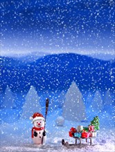 Snowman with Santa hat and sleigh