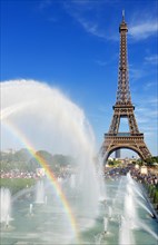Fountains with rainbow at the Eiffel Tower