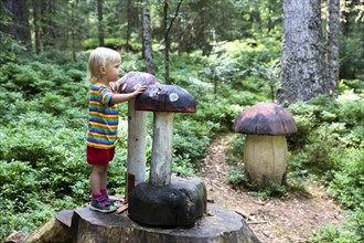 Toddler at carved wooden mushrooms