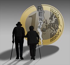 Pensioners in front of a split 1 euro coin