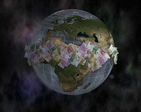 World globe and euro notes