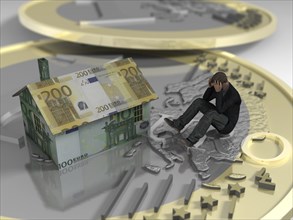 Man sitting on euro coin next to house made of banknotes
