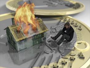 Man sitting on euro next to burning house