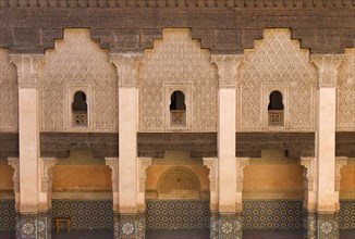 Columned arcades in the central courtyard of the Ben Youssef Medersa