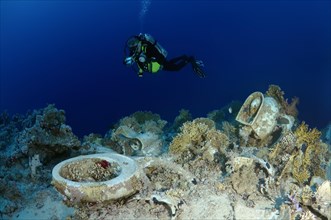 Diver looking at the plumbing on the shipwrecks in Ras Muhammad National Park