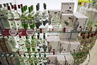 Shelf with vodka bottles
