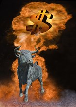 Bull with dollar signs in firestorm