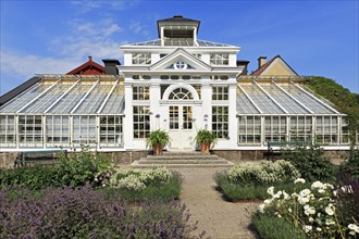 Greenhouse with flower beds in the castle garden of Gripsholm