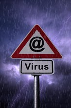 @ symbol and Virus road signs againt a rainy sky with lightning