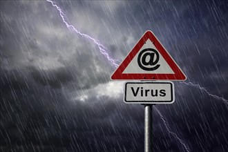 @ symbol and Virus road signs againt a rainy sky with lightning